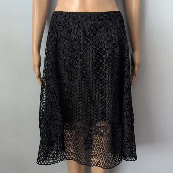 Le Château Black Eyelet Lace Midi Skirt Mesh Inset Boho Festival Size 10 - Picture 3 of 15